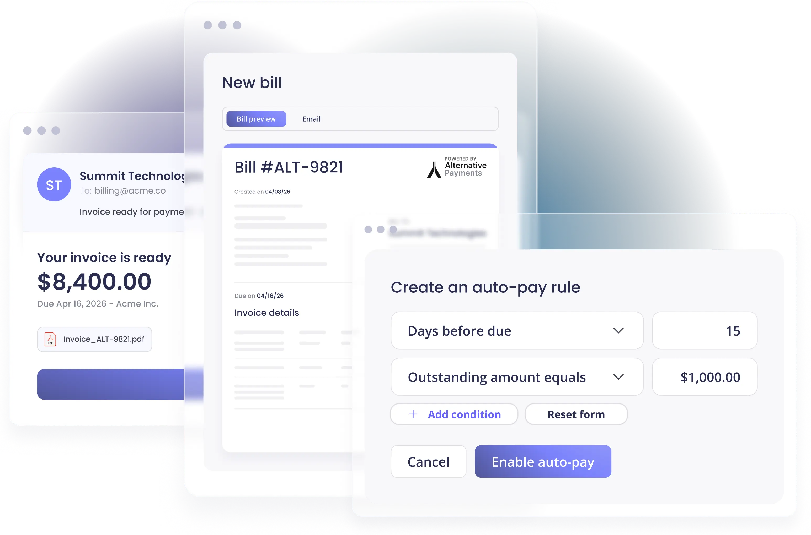 Alternative Payments platform UI showing automated invoice delivery, bill preview, and auto-pay rule configuration.