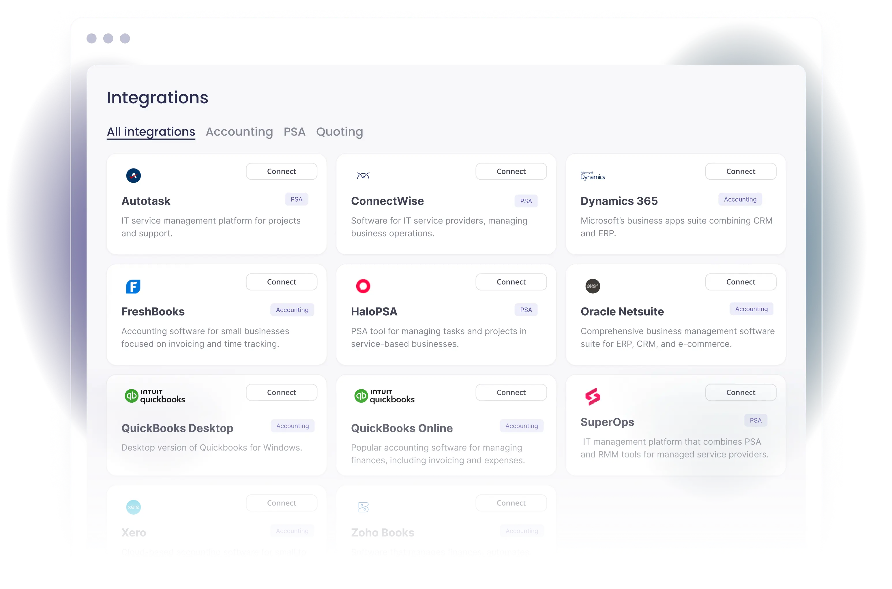 Alternative Payments integrations page showing workflow connections to accounting and PSA tools including QuickBooks, FreshBooks, ConnectWise, Autotask, HaloPSA, Dynamics 365, Oracle Netsuite, SuperOps, Xero, and Zoho Books.