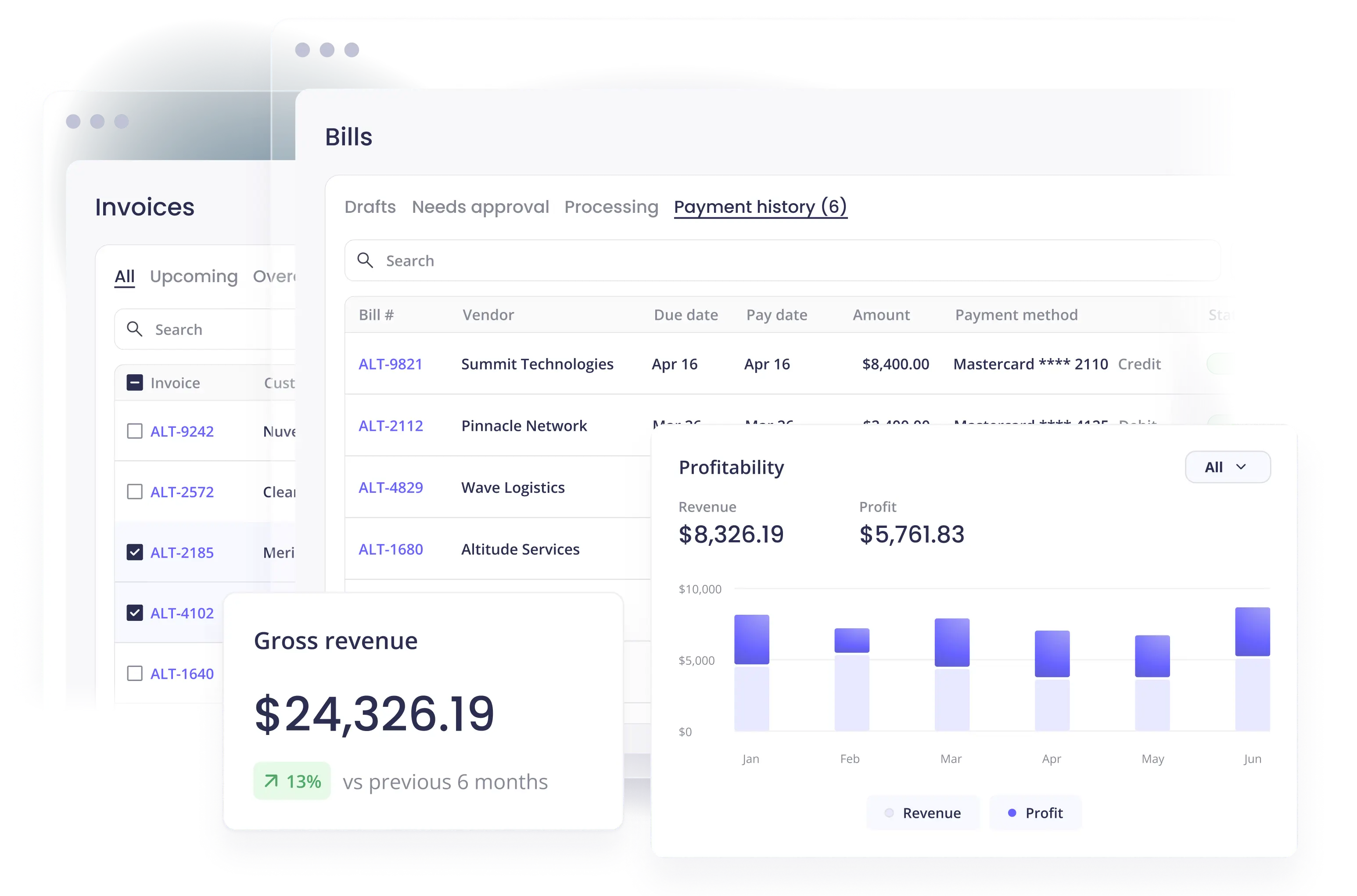 Alternative Payments platform UI showing financial clarity across invoices, bill payment history, gross revenue, and profitability analytics.