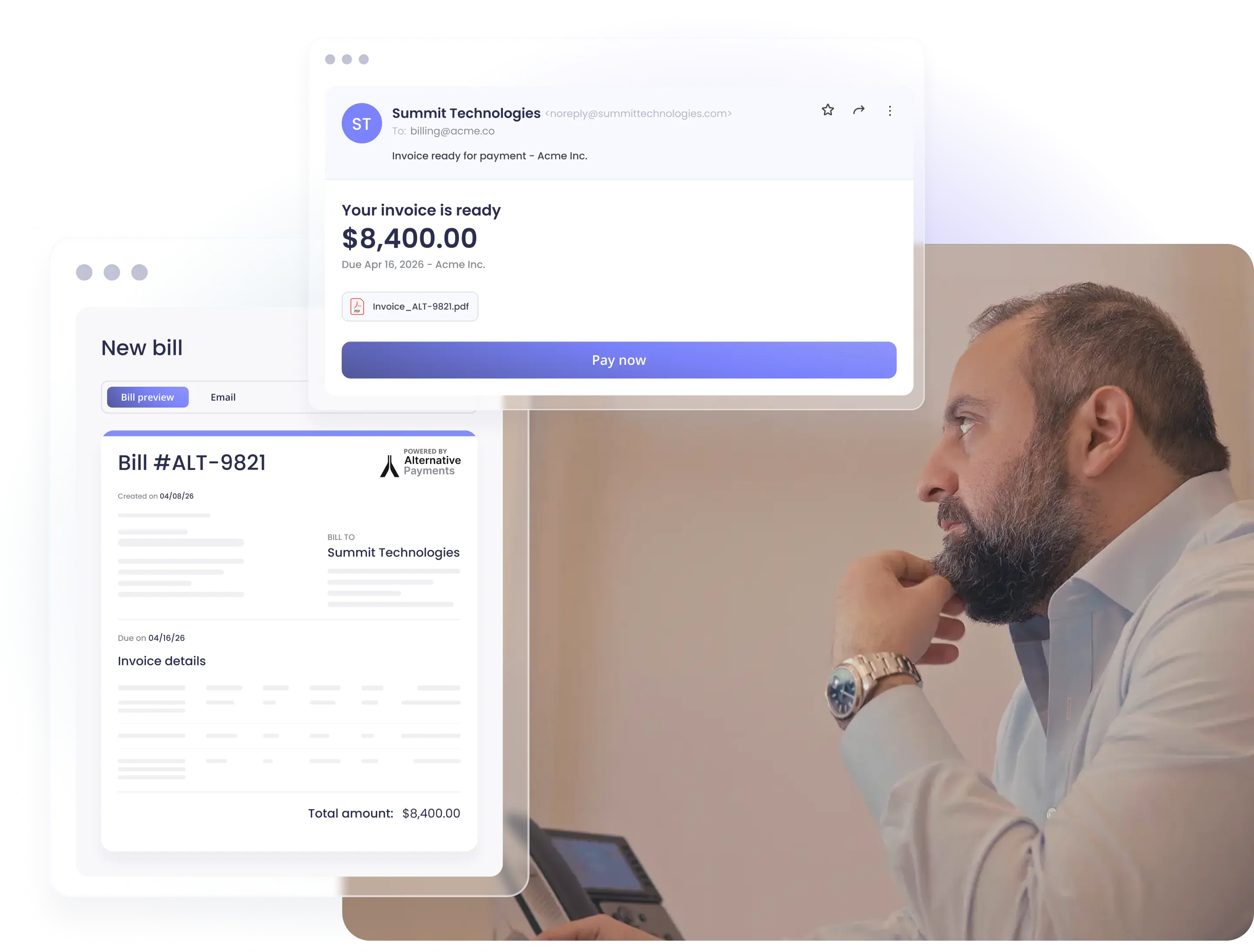 A professional in thought next to a new bill preview and vendor invoice email with a pay button