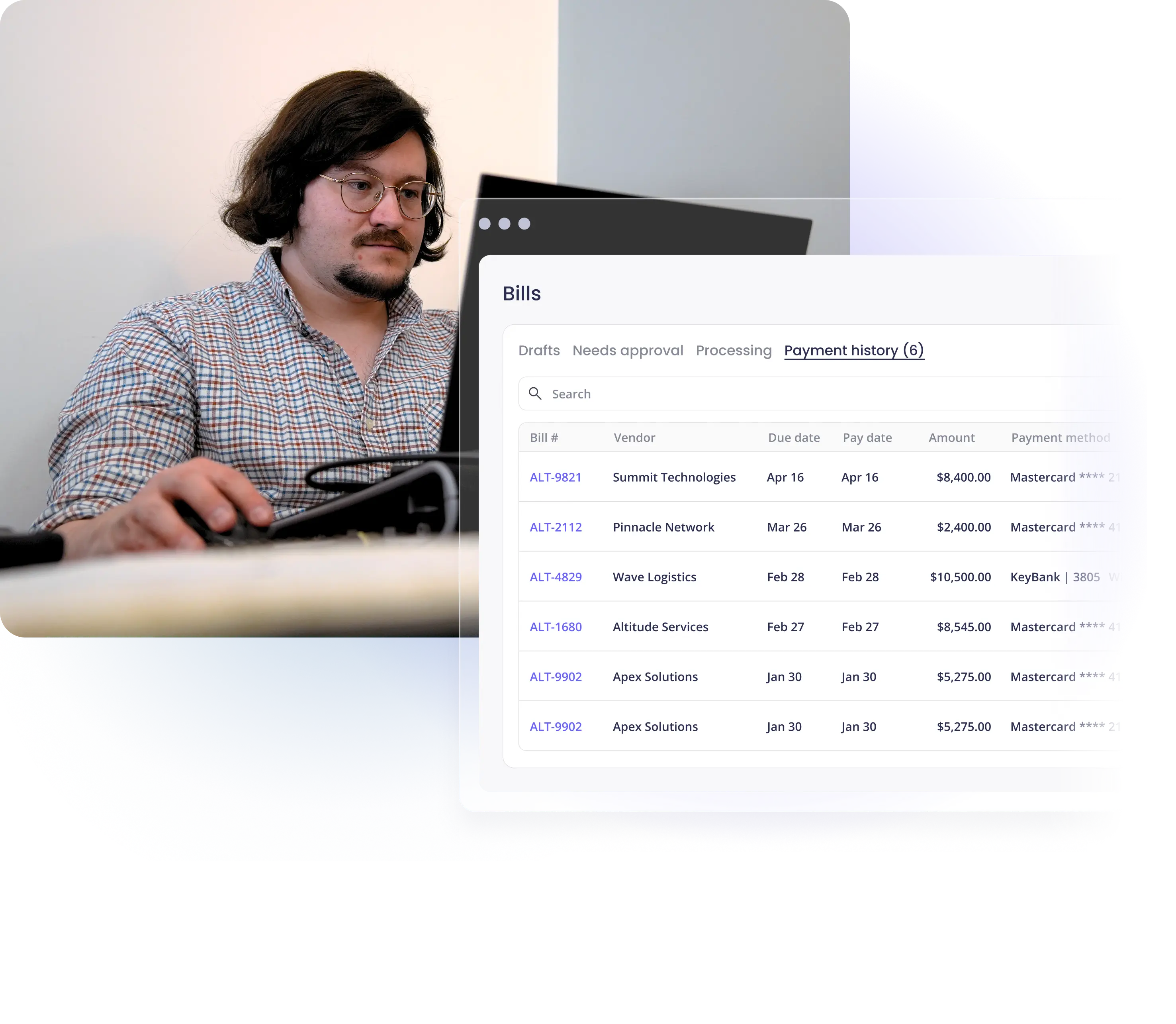 A professional at a computer next to a bills payment history dashboard showing vendor transactions