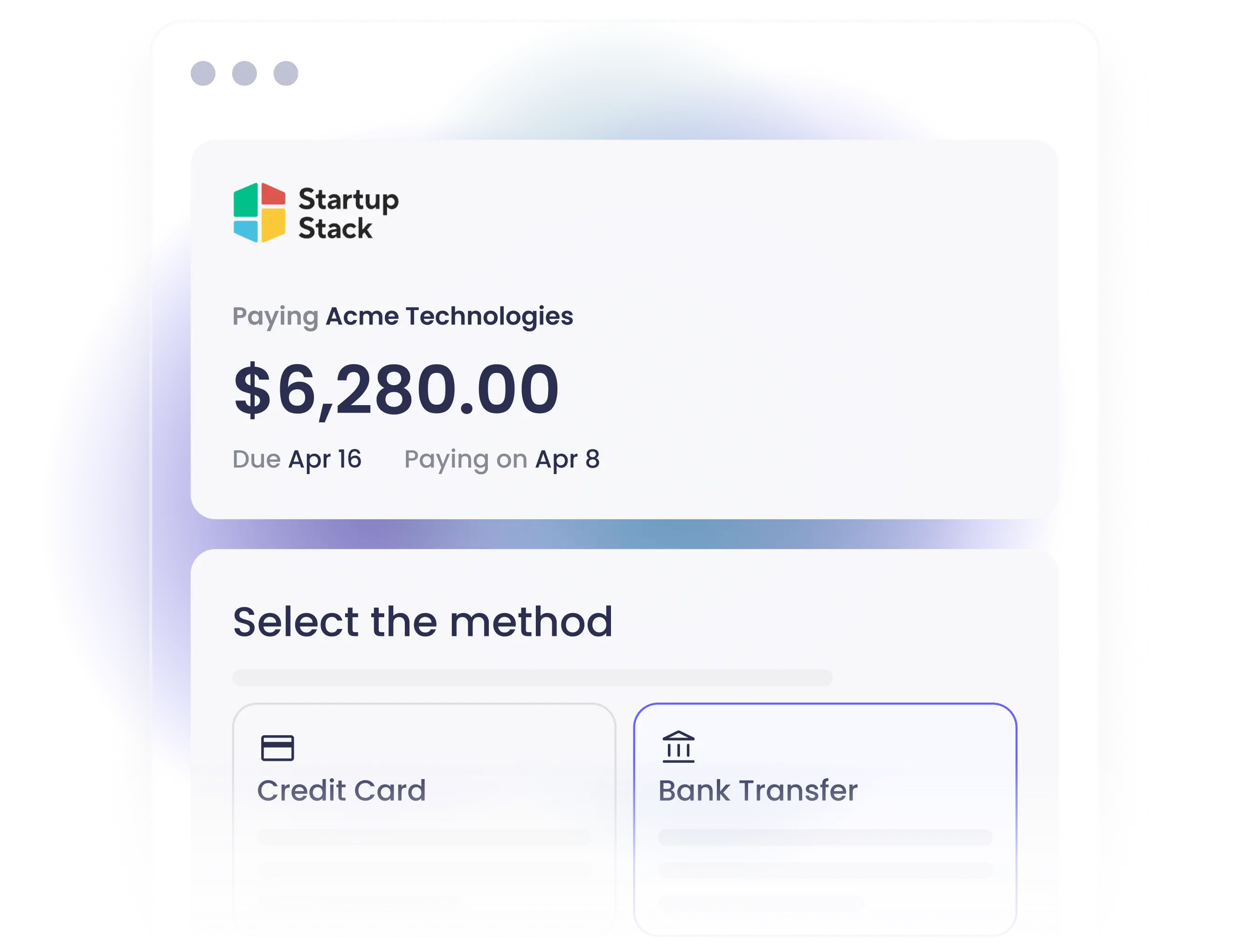 Alternative Payment's B2B payment portal integrated with Startup Stack.