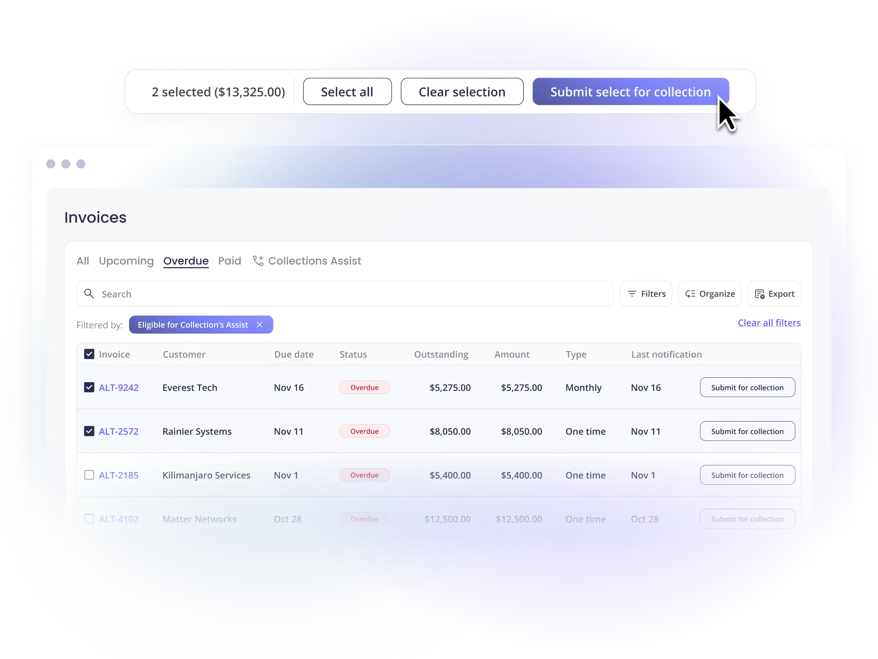 Collections Assist product image; submit overdue payments to our Collections team so you can focus on your business.