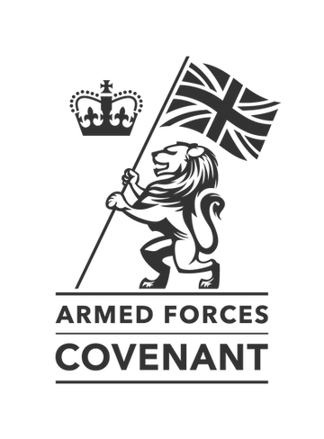 Emblem with lion holding flag and crown above, labeled Armed Forces Covenant.