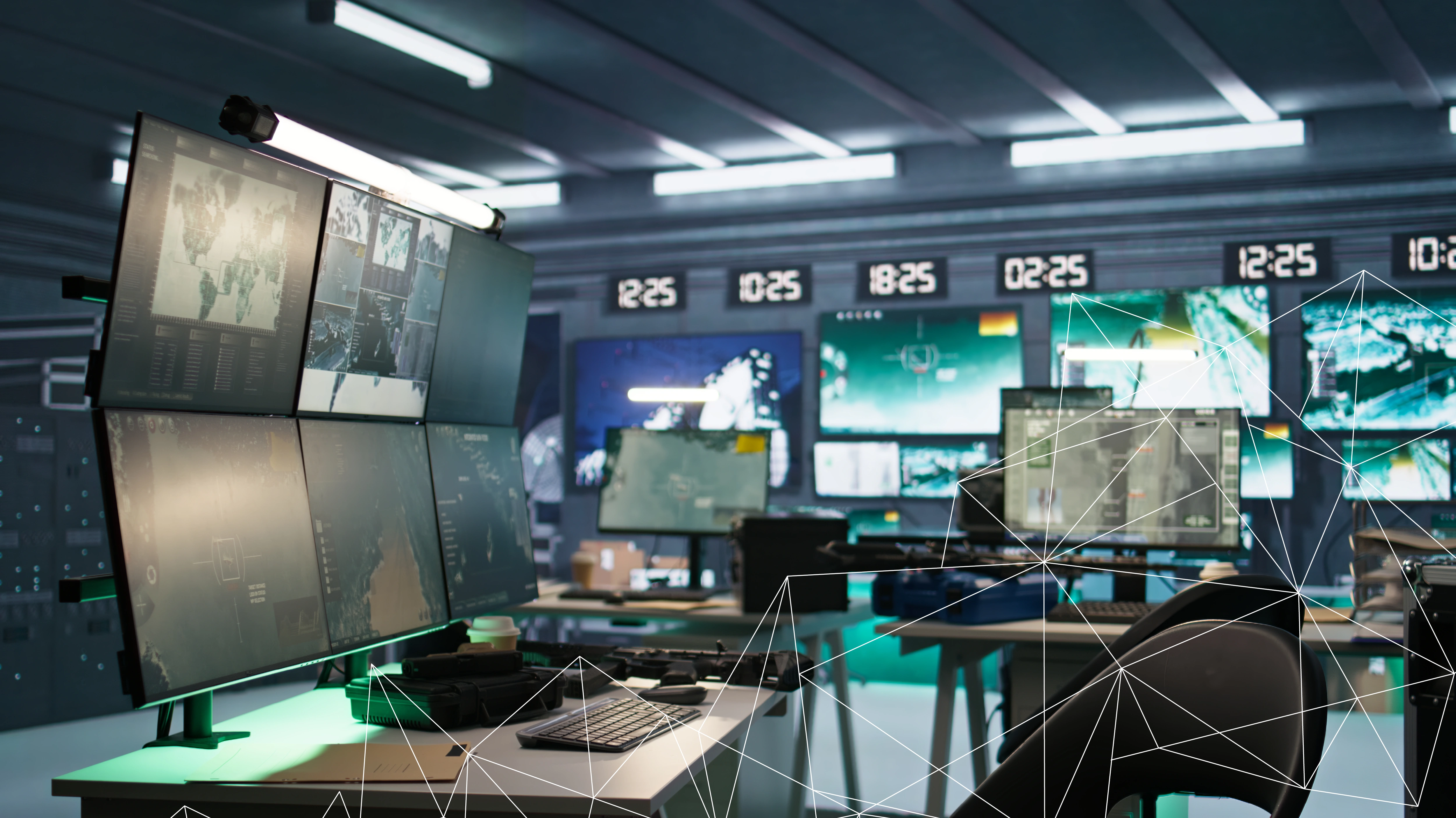 High-tech control room with multiple monitors showing maps and data under digital clocks on the wall.