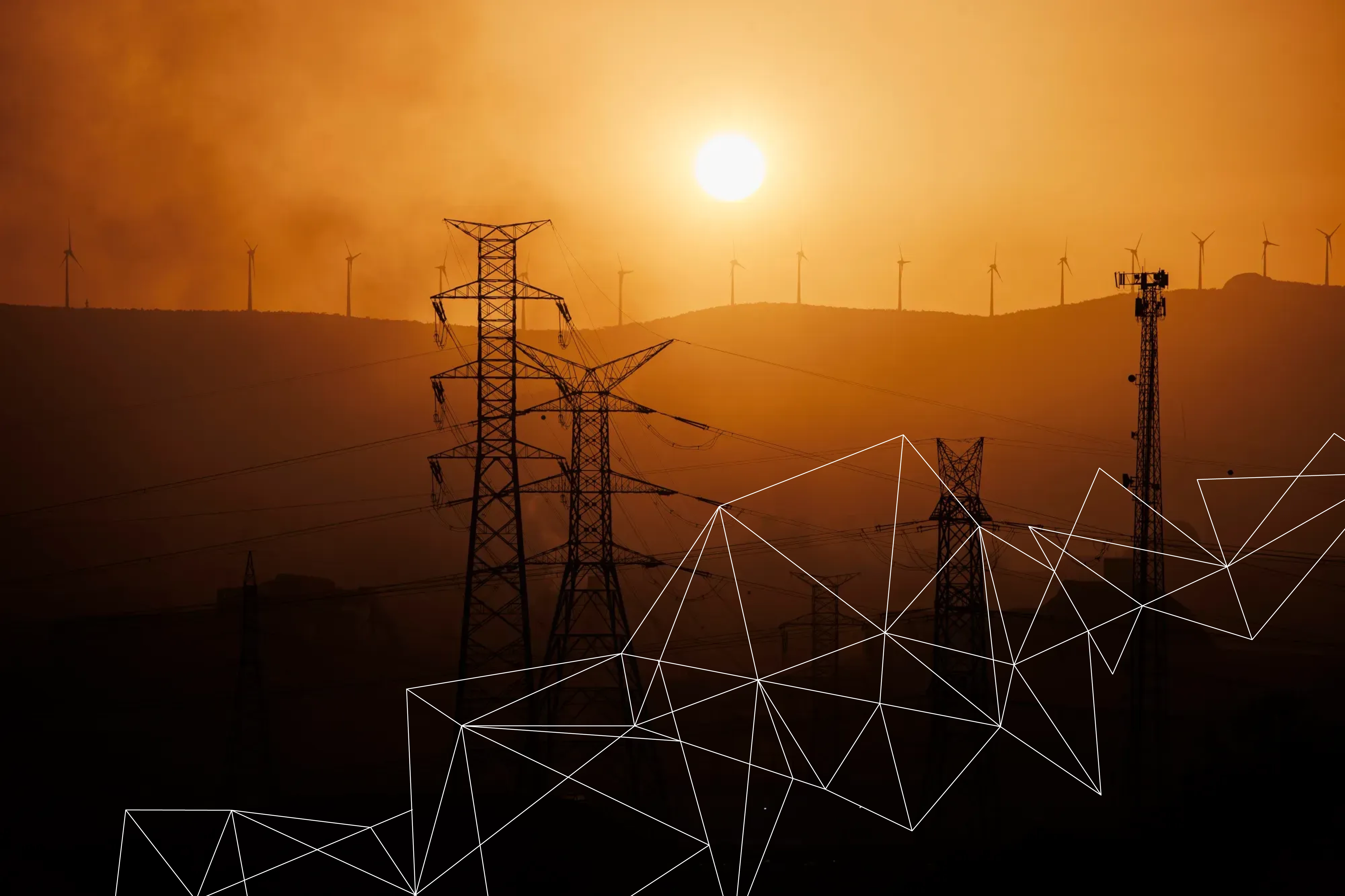 Power lines and wind turbines on hills at sunset with a network pattern overlay in the foreground.