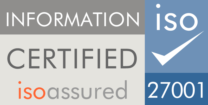 ISO 27001 certified information assured logo with checkmark on blue and gray background.