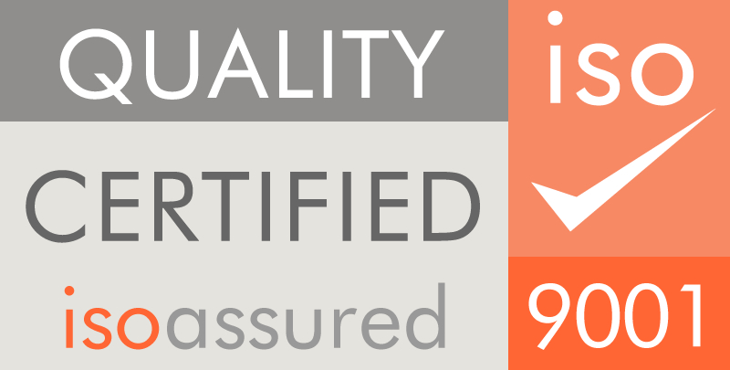 Quality certified ISO 9001 assured badge with check mark in gray, orange, and white colors.