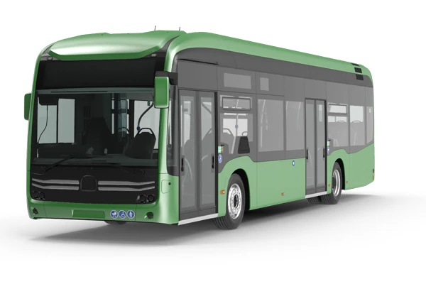 Zielony miejski autobus z przodu i po prawej stronie na białym tle.
