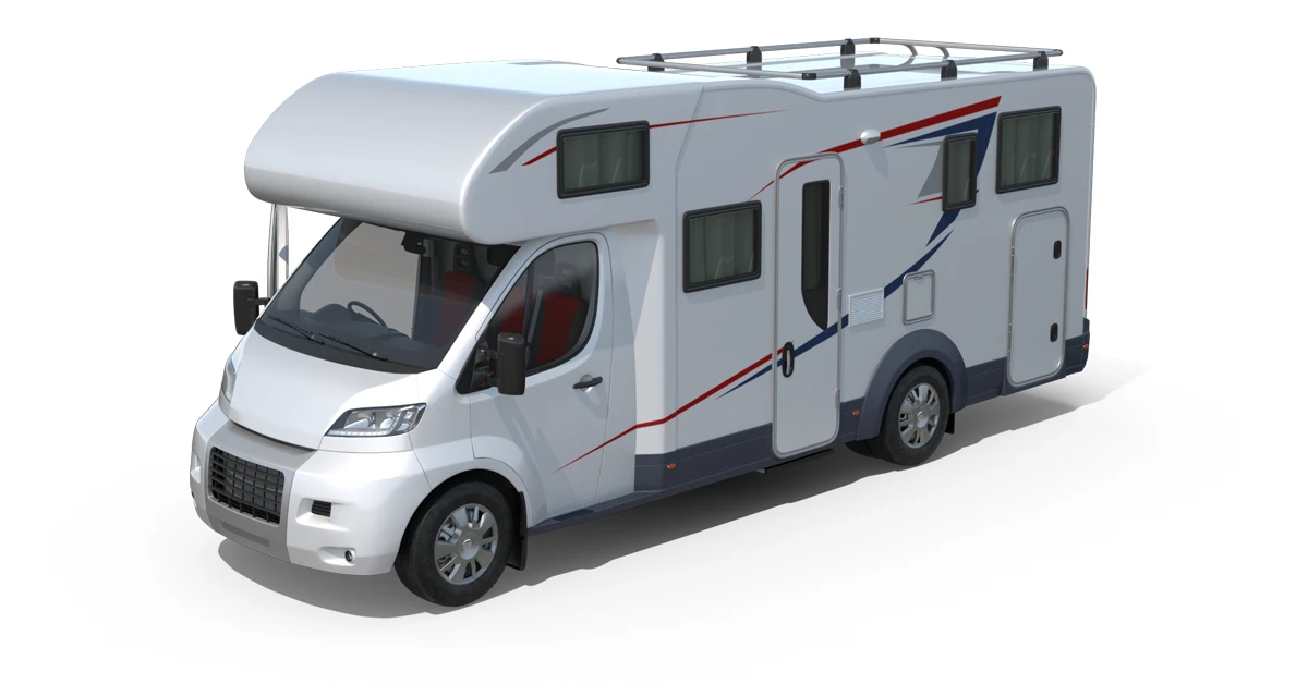 Biały kamper z czerwonymi i niebieskimi akcentami, czterema oknami i dachem z bagażnikiem.