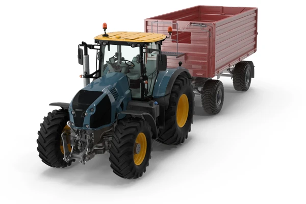 Niebieski traktor z żółtym dachem ciągnie czerwony przyczepę na białym tle.