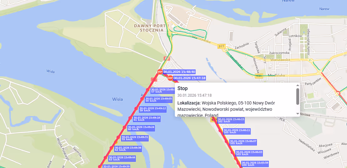 wykrywanie postoju na trasie 