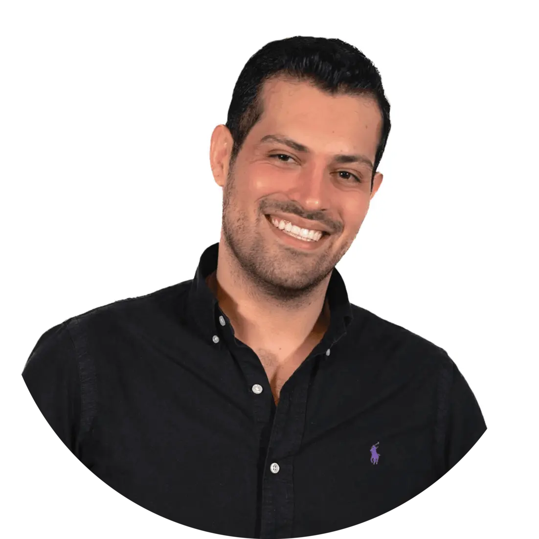 Smiling man with short black hair wearing a black button-up shirt against a white background.