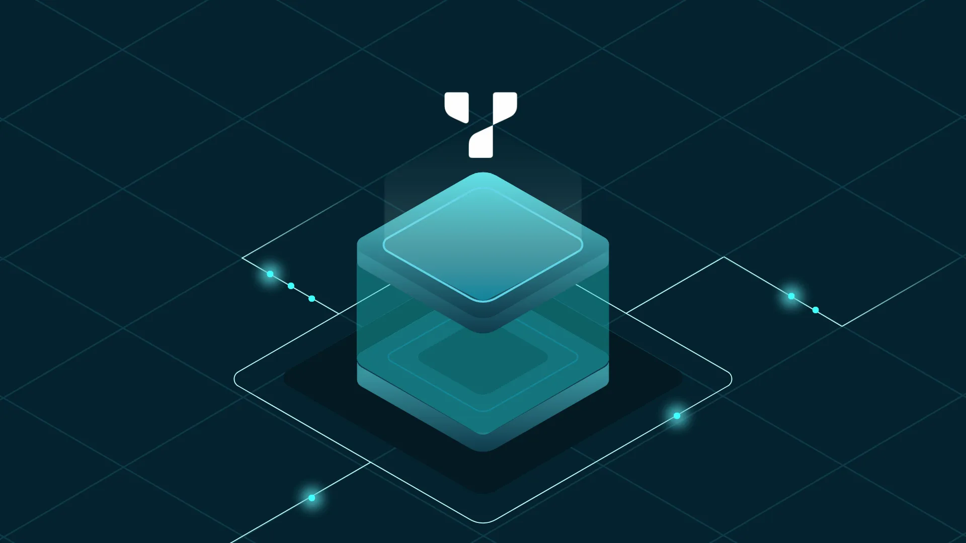 Graphic of layered teal blocks connected by glowing data lines, symbolizing structured data processing or platform infrastructure.