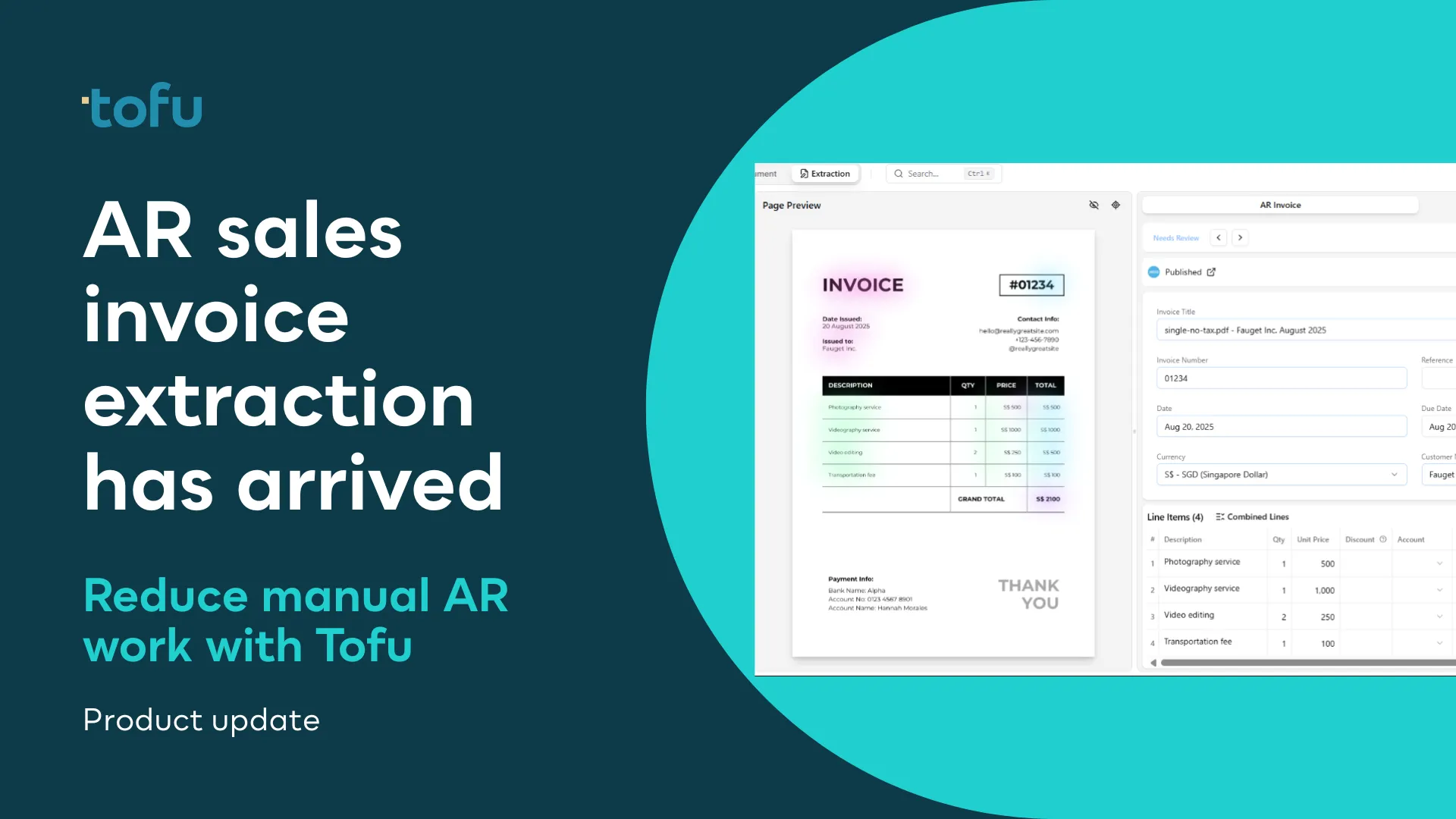 Graphic announcing Tofu’s new AR sales invoice extraction feature, showing an invoice preview and extracted line items in the product interface.