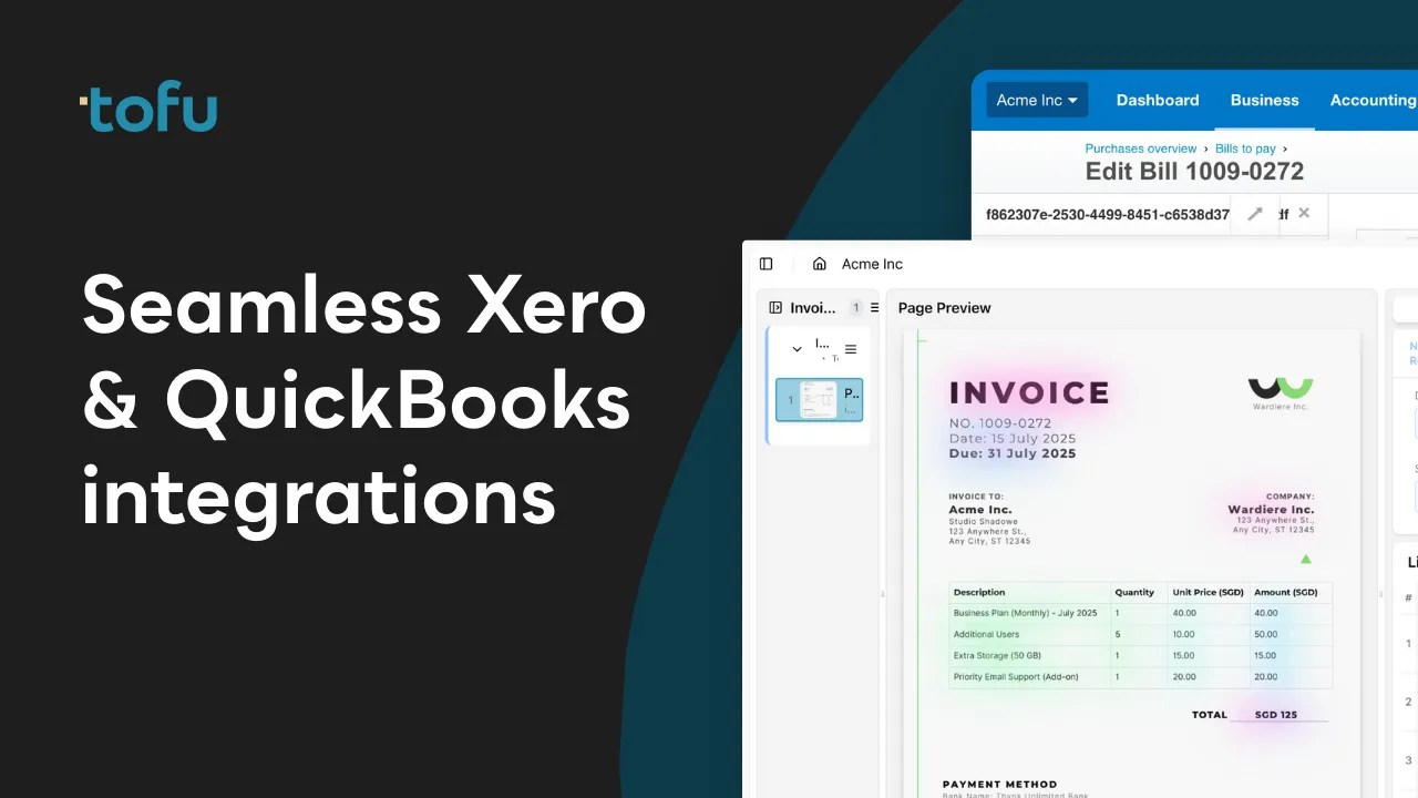 Graphic showing Tofu’s AI bookkeeping platform syncing invoice data with Xero and QuickBooks, highlighting seamless accounting software integrations.