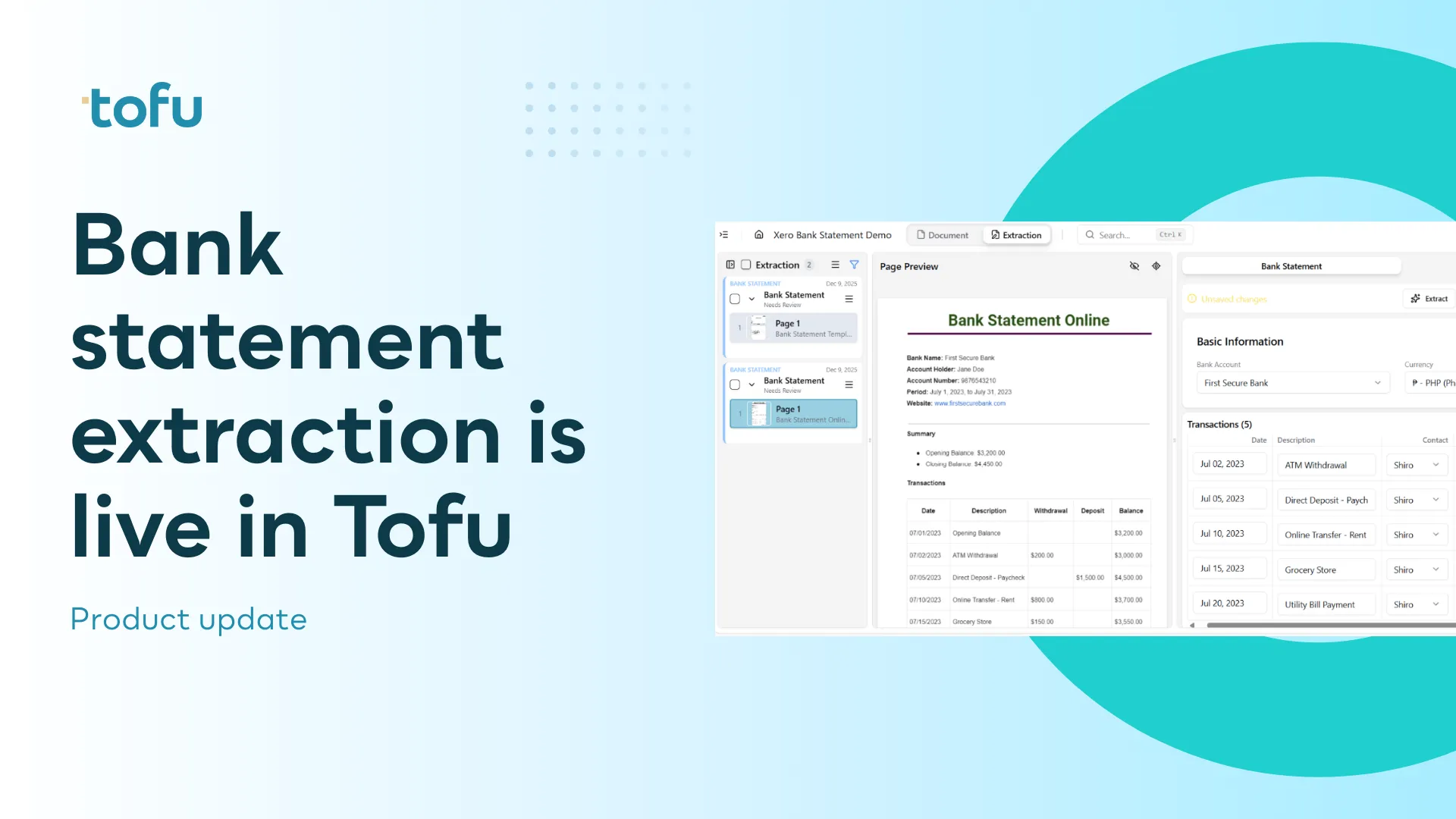 Graphic announcing Tofu’s new bank statement extraction feature, showing a bank statement preview and extracted transaction data in the product interface.