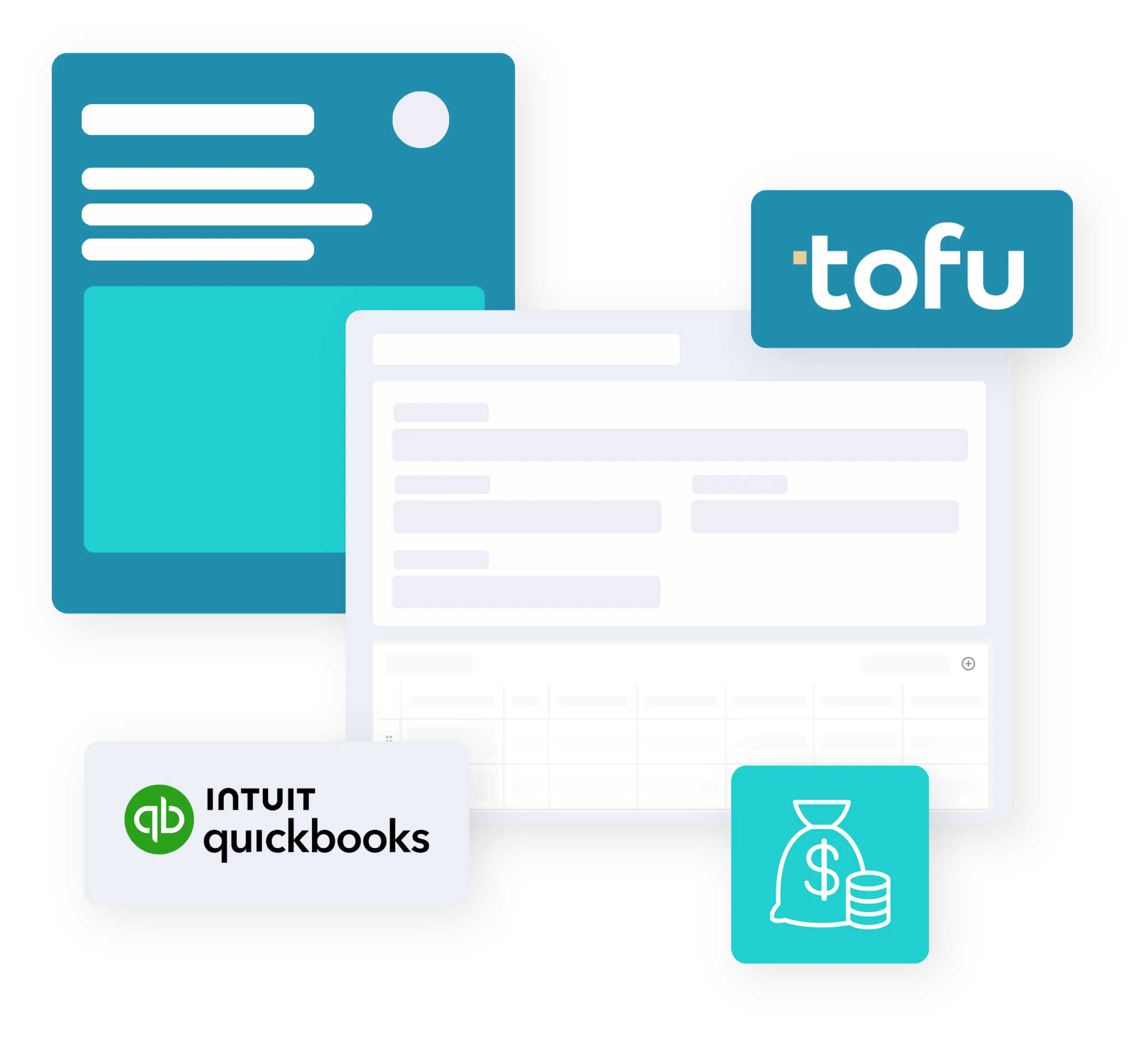 QuickBooks integration benefit image showing automated accounting workflow with Tofu