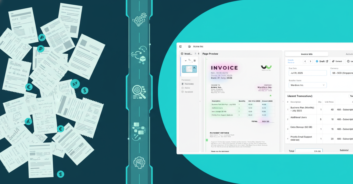 A conceptual illustration showing the document processing workflow gap in multi-currency accounting: on the left side, invoices and receipts in different languages (Thai script, Chinese characters, Arabic text) and currencies scattered on a desk; in the middle, a bridge or connection point with AI processing icons; on the right side, a clean accounting software dashboard with organized multi-currency data. Professional business illustration style, clean and modern, using blues and greens.