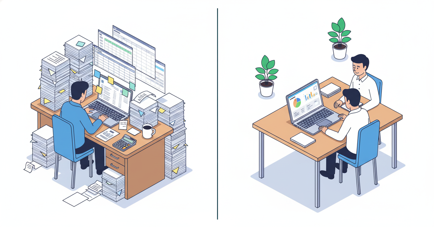 A split-screen illustration showing contrast between manual and automated bookkeeping workflows. Left side: tired accountant at desk surrounded by stacks of paper bank statements, multiple open spreadsheet windows on computer screen, calculator, sticky notes, coffee cup, showing frustration and clutter. Right side: clean modern workspace with single laptop displaying organized dashboard interface, minimal papers, calm professional reviewing data on screen, plants in background. Soft professional lighting, modern office environment, blue and white color scheme matching financial software aesthetic. Isometric or slight aerial view perspective.
