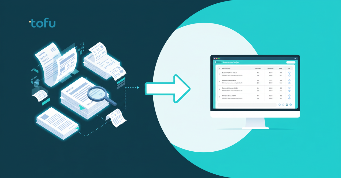 Professional business illustration showing the accounting workflow from source documents to ledger, split into two clear stages: left side shows stacks of invoices, receipts, and bank statements in various languages including Chinese and Arabic characters being processed and digitized with data extraction visualization, right side shows a clean digital accounting ledger with categorized transactions and reconciliation symbols, connected by an arrow in the middle, modern flat design style with blue and white color scheme, representing the document intake versus ledger cleanup workflow