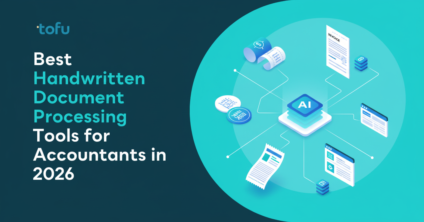 Professional business illustration showing accounting document processing workflow, with invoices and receipts flowing through an automated system, multiple language documents including Arabic and Chinese characters visible, connected to accounting software icons, clean modern style with blue and white color scheme, representing AI-powered bookkeeping automation comparison