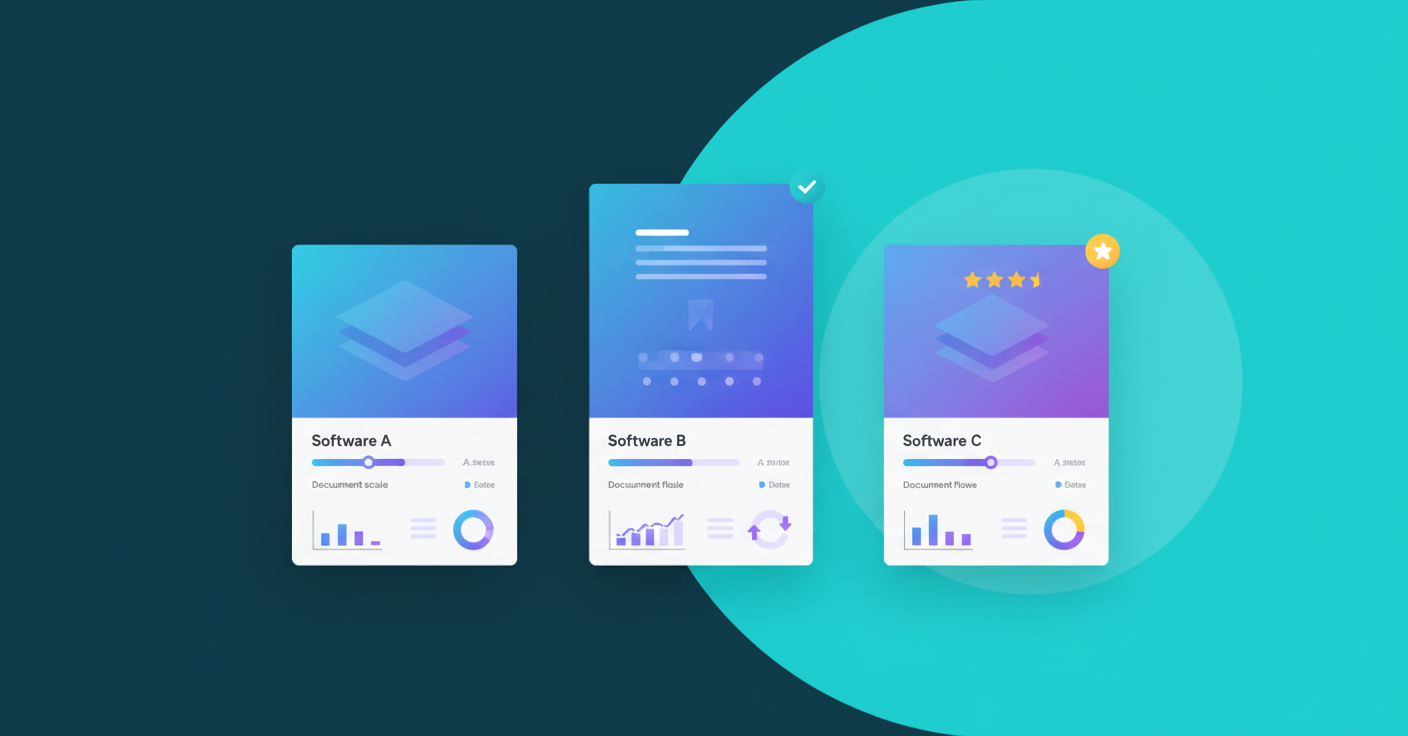 A clean, modern illustration showing software evaluation concept for accounting firms. Display abstract representation of multiple software platforms being compared side by side with checkmarks, rating indicators, and measurement scales. Use professional blue and purple color scheme. Isometric perspective showing dashboard interfaces, document flows, and comparison metrics. Minimalist geometric style with soft gradients. No text or letters visible.