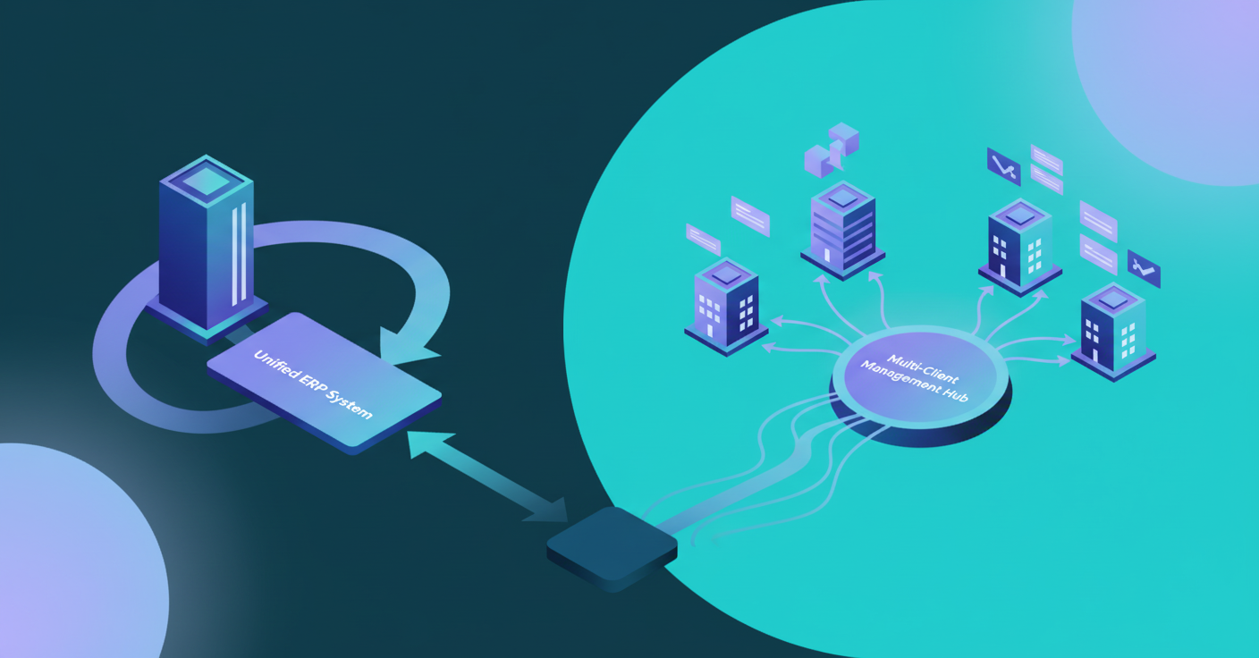 A clean, modern illustration comparing two different workflow approaches side by side. Left side shows a single large enterprise building with one unified system flowing into one ERP platform. Right side shows multiple small business buildings with diverse documents (invoices, receipts, statements) flowing into a centralized multi-client management hub. Use professional blue and purple color scheme. Isometric perspective with arrows showing document flow. Minimalist geometric style with soft gradients representing the contrast between single-entity enterprise AP and multi-client accounting firm architecture.