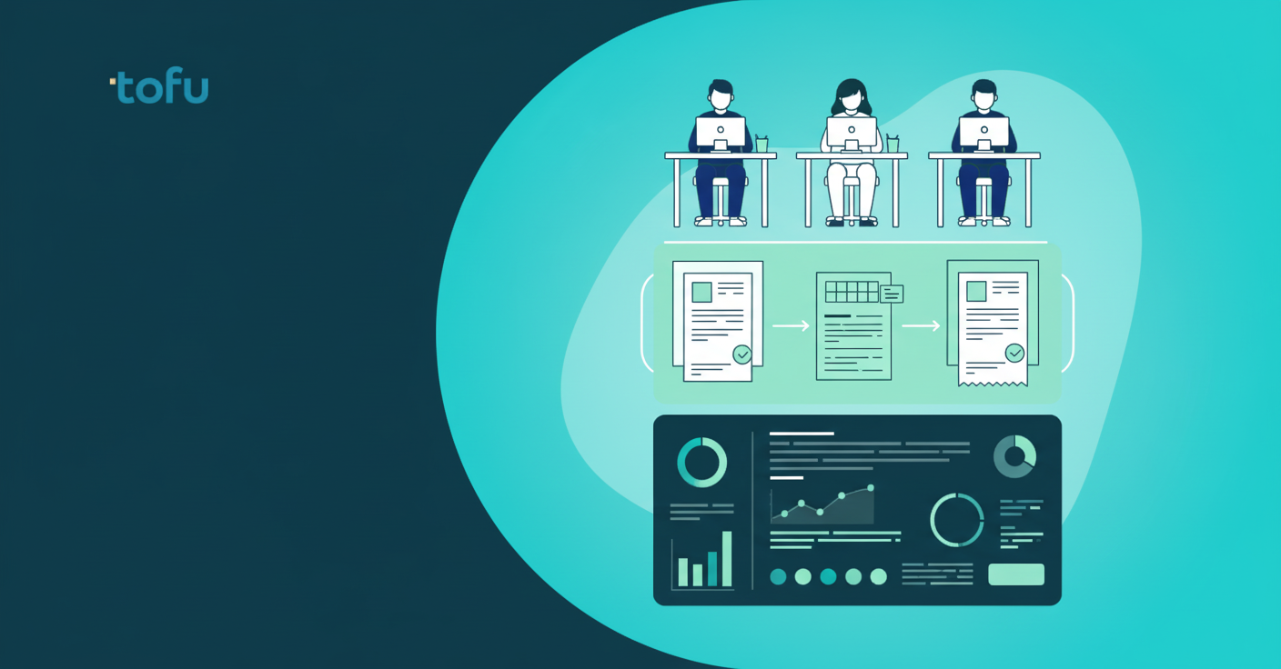 Three distinct vertical layers stacked on top of each other, each layer a different color representing different technology levels. The bottom layer is a foundation representing software interface with dashboard elements. The middle layer shows documents like invoices and receipts being processed. The top layer depicts human figures working at desks. Clean, modern, minimalist illustration style with a professional accounting office aesthetic. No text or labels.