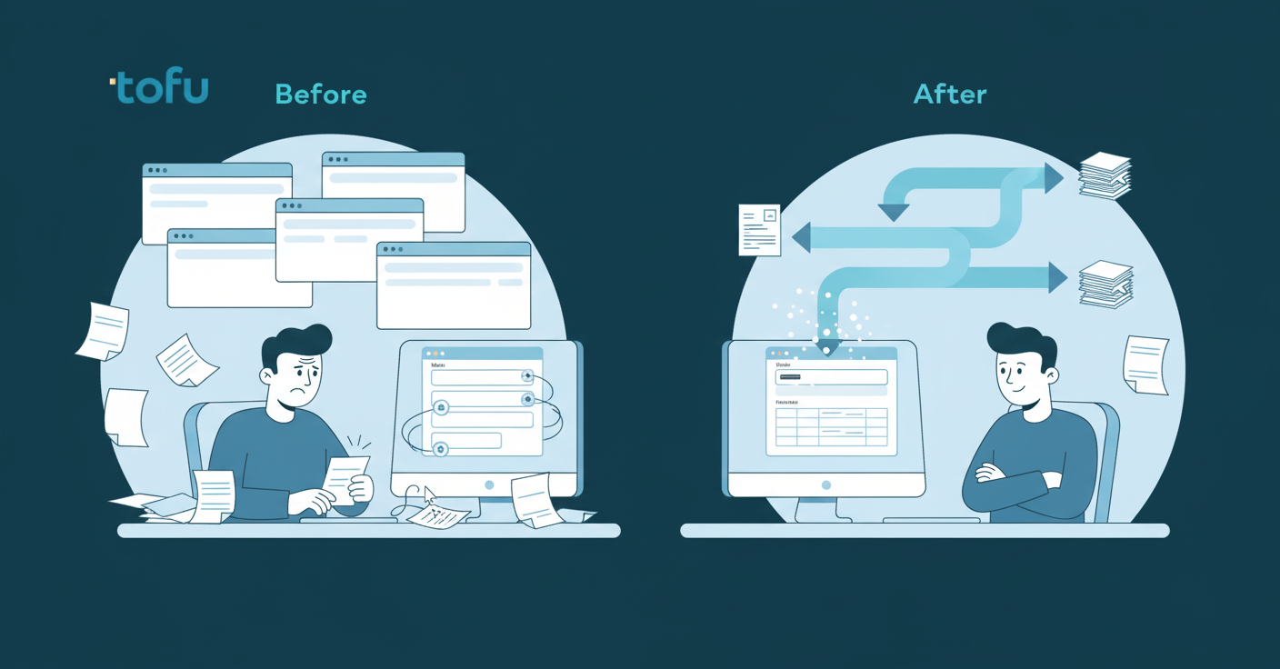 A split-screen conceptual illustration showing accounting workflow comparison. Left side: a frustrated accountant at a desk with scattered paper invoices, multiple browser tabs open, manually typing data from documents into a computer, showing repetitive copy-paste work. Right side: a calm, organized workspace with documents flowing smoothly through a streamlined digital pipeline directly into accounting software, representing automated integration. Modern, professional style with soft blue and white color scheme, clean minimal design, no text or words visible.