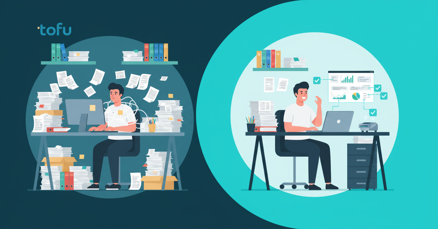 A clean, modern illustration showing the contrast between manual bookkeeping and automation: on the left side, a person at a desk surrounded by stacks of paper invoices and receipts, typing into a computer with a stressed expression; on the right side, the same desk but organized and minimal, with documents flowing smoothly into a laptop that displays a dashboard with checkmarks and data visualizations, person appears relaxed and reviewing information on screen. Professional business setting, soft lighting, blue and white color scheme, isometric or semi-flat illustration style.