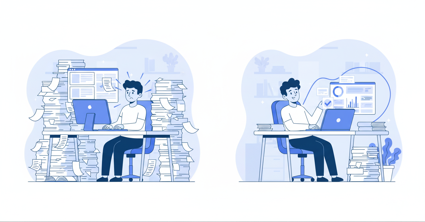 A clean, modern illustration showing the contrast between manual bookkeeping and automation: on the left side, a person at a desk surrounded by stacks of paper invoices and receipts, typing into a computer with a stressed expression; on the right side, the same desk but organized and minimal, with documents flowing smoothly into a laptop that displays a dashboard with checkmarks and data visualizations, person appears relaxed and reviewing information on screen. Professional business setting, soft lighting, blue and white color scheme, isometric or semi-flat illustration style.