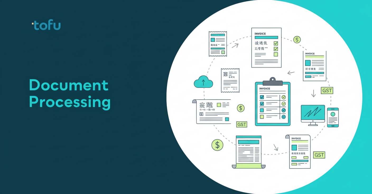 A clean, professional illustration showing a testing framework or evaluation process for bookkeeping software. Visual elements include: multiple invoices and receipts in different languages including Chinese characters, a checklist or scorecard with tick marks, Australian dollar currency symbols, integration connection icons between systems, a bank statement document, and GST tax code symbols. Modern flat design style with blue and green accent colors on a light background. No text or letters visible in the image.