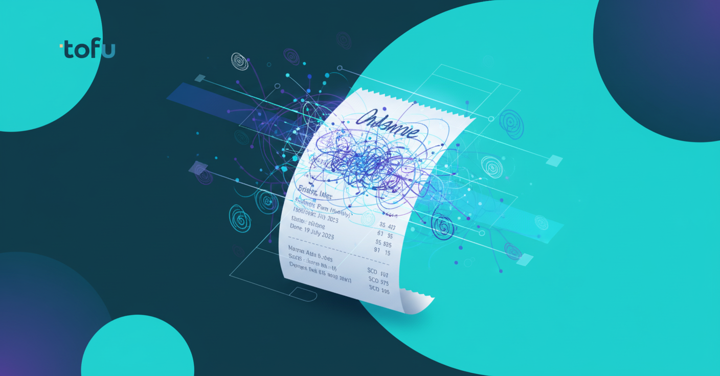 A conceptual illustration showing AI technology analyzing a handwritten receipt. The image should show a paper receipt with handwritten text being processed by abstract AI neural network patterns or nodes, with visual elements like scanning lines, recognition patterns, and data flow connections. Modern, clean, professional style with a tech-forward aesthetic. Use blues, purples, and white tones. No text or letters should appear in the image.