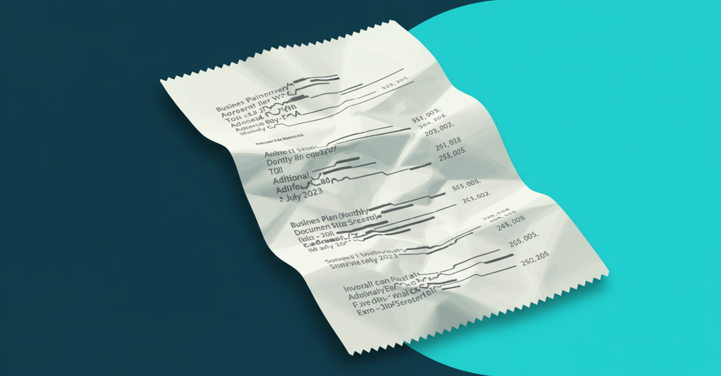 A close-up photograph of a crumpled thermal receipt paper showing deep creases and shadows across the surface, with visible text distortion and warping from folding, realistic lighting casting shadows into the folds, shallow depth of field, professional product photography style