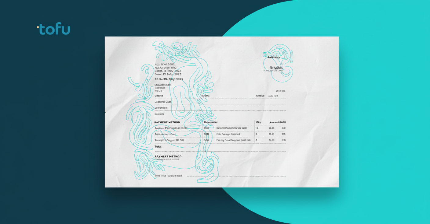 A modern receipt document with visible dual-language text sections showing distinct script patterns side by side, soft professional lighting, clean business aesthetic, receipt has multiple line items and fields arranged in typical receipt format, showing the concept of bilingual document structure without any readable text or letters, abstract representation of Irish and English language patterns on thermal paper, realistic texture, professional bookkeeping context