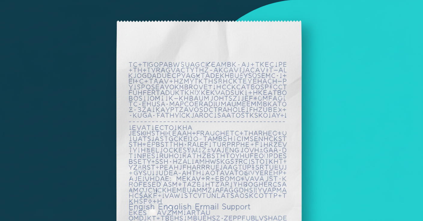 A close-up view of a retail receipt with two distinct sections showing bilingual formatting, one section with Irish Gaelic text characters and another with English text, printed on thermal paper with typical receipt formatting like line items and amounts, soft lighting, realistic texture, no readable words or letters, focus on the visual pattern of bilingual text layout