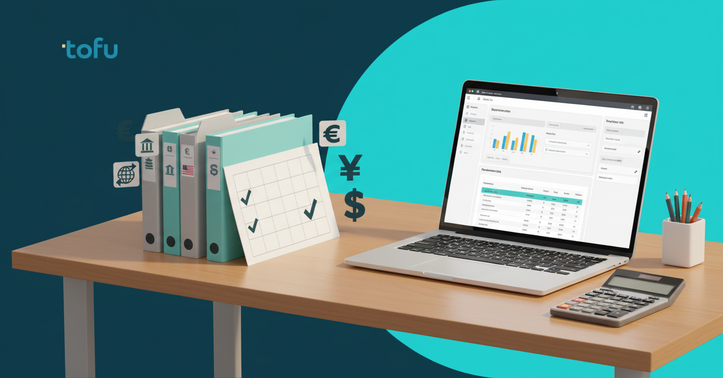 A professional accounting workspace showing the evaluation process of digital tools, with a laptop displaying financial software interface, organized folders with international bank documents from different countries, a notepad with comparison criteria checkmarks, a calculator, and multiple currency symbols visible on documents. The scene should convey systematic comparison and analysis with a clean, modern office aesthetic and warm professional lighting. No text or words visible.