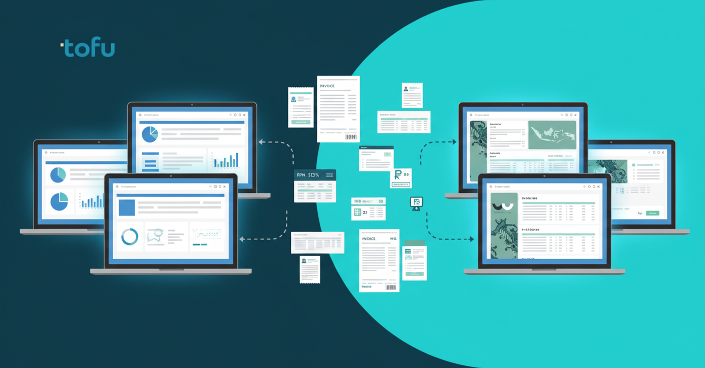 A professional business illustration showing a dual accounting software workflow for Indonesian firms. On the left side, show international accounting platforms represented by modern laptop screens with clean interfaces. On the right side, show local Indonesian accounting systems with interfaces displaying Indonesian elements. In the center, show a flow of financial documents including invoices with tax line items, receipts, and bank statements moving between both systems. Include visual representations of Indonesian tax elements: PPN (value-added tax) symbols showing 12%, e-Faktur electronic invoice icons with registration number fields, and PPh withholding tax indicators for Articles 21, 23, and 4(2). Use a modern flat design style with a professional color palette of blues, greens, and grays. Show document flow arrows connecting both software stacks. Include Indonesian rupiah currency symbols. The overall composition should convey the complexity of managing dual accounting systems with local tax compliance requirements. No readable text or letters in the image.
