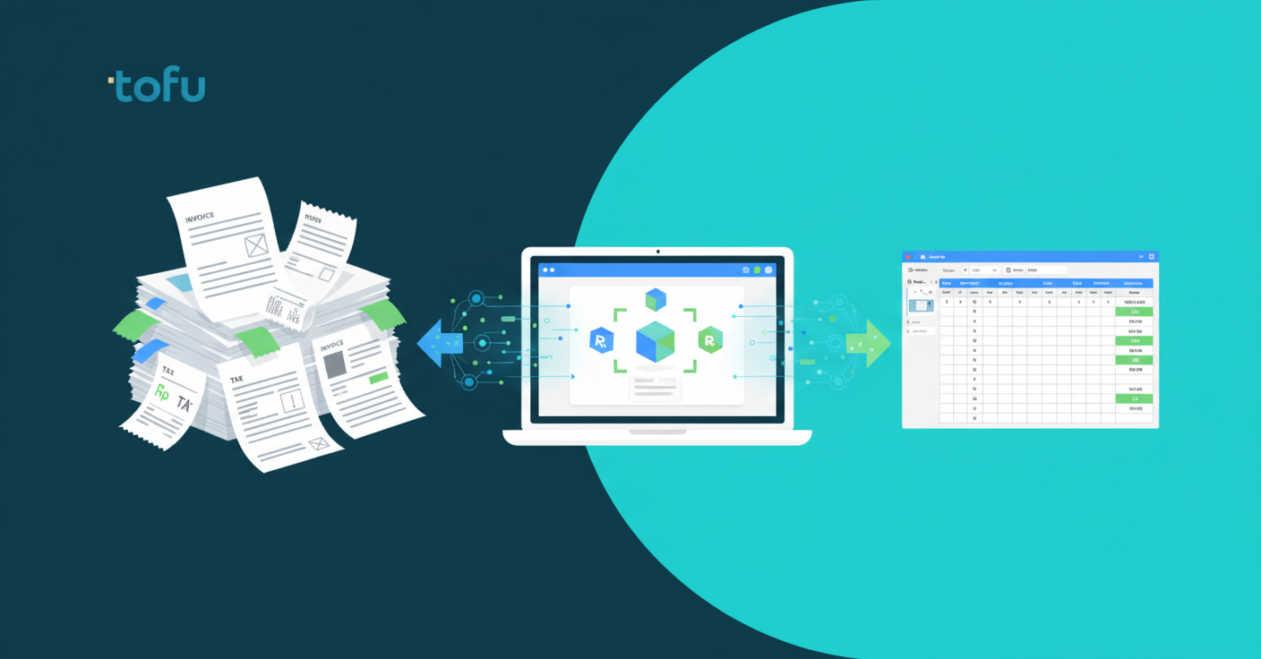 A modern, clean illustration showing the workflow of invoice processing for Indonesian accounting. Show a stack of paper invoices with receipts on the left side, flowing through a digital scanning/processing system in the center (represented by a laptop or tablet with abstract AI/automation elements like neural network patterns or data streams), and ending with organized digital data on the right side (represented by a clean accounting software interface or structured spreadsheet grid). Use a professional color palette with blues, greens, and whites. The style should be flat design, minimalist, and business-focused. Include visual elements suggesting Indonesian context like rupiah currency symbols and tax forms, but no readable text or letters. The overall composition should convey transformation from paper chaos to digital organization.