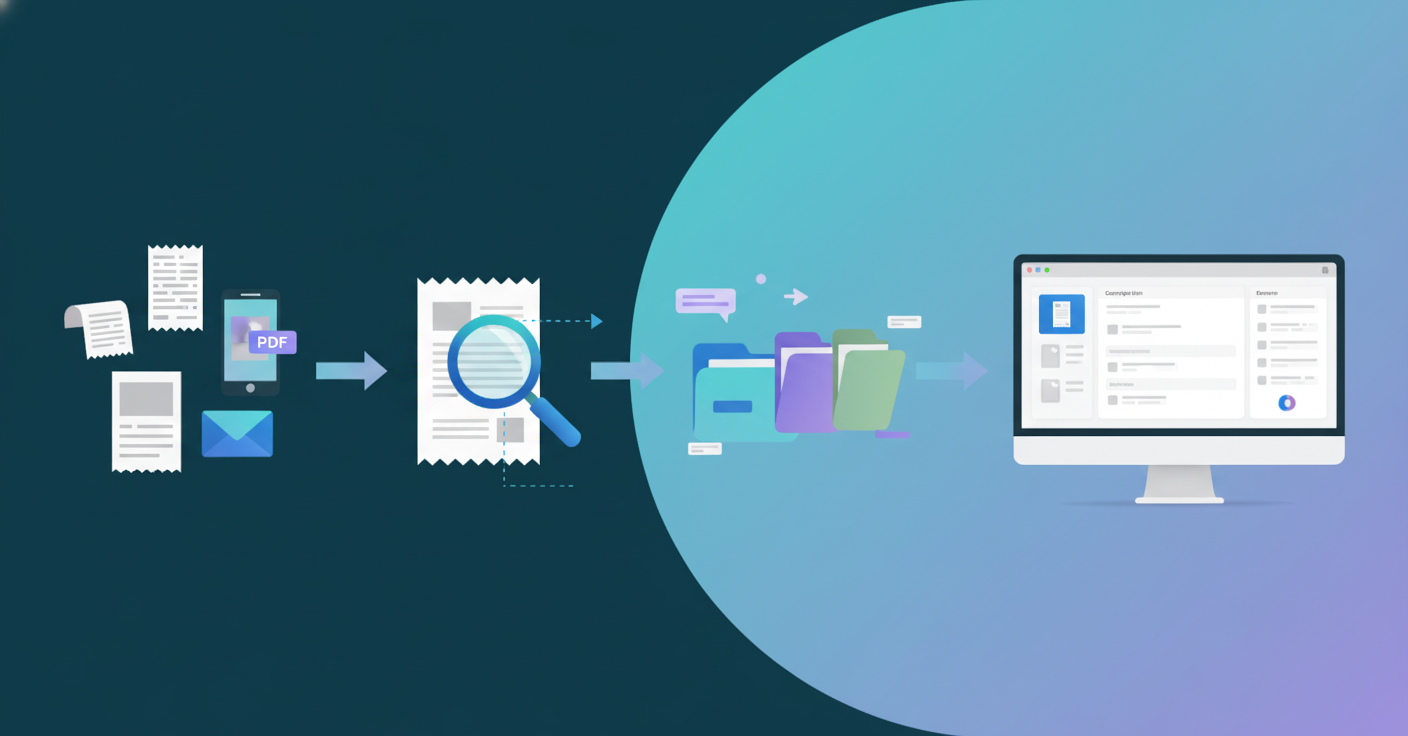 A clean, modern illustration showing a four-step workflow process for document processing. The image shows: first step with various document formats (paper receipt, mobile phone with photo, PDF icon, email), second step showing data extraction with magnifying glass over receipt details, third step showing categorization with folders and labels, fourth step showing a computer system or software interface. Use a professional color palette with blue and purple tones, minimal flat design style, arranged in a clear left-to-right or circular flow with arrows connecting each step. No text or letters in the image.