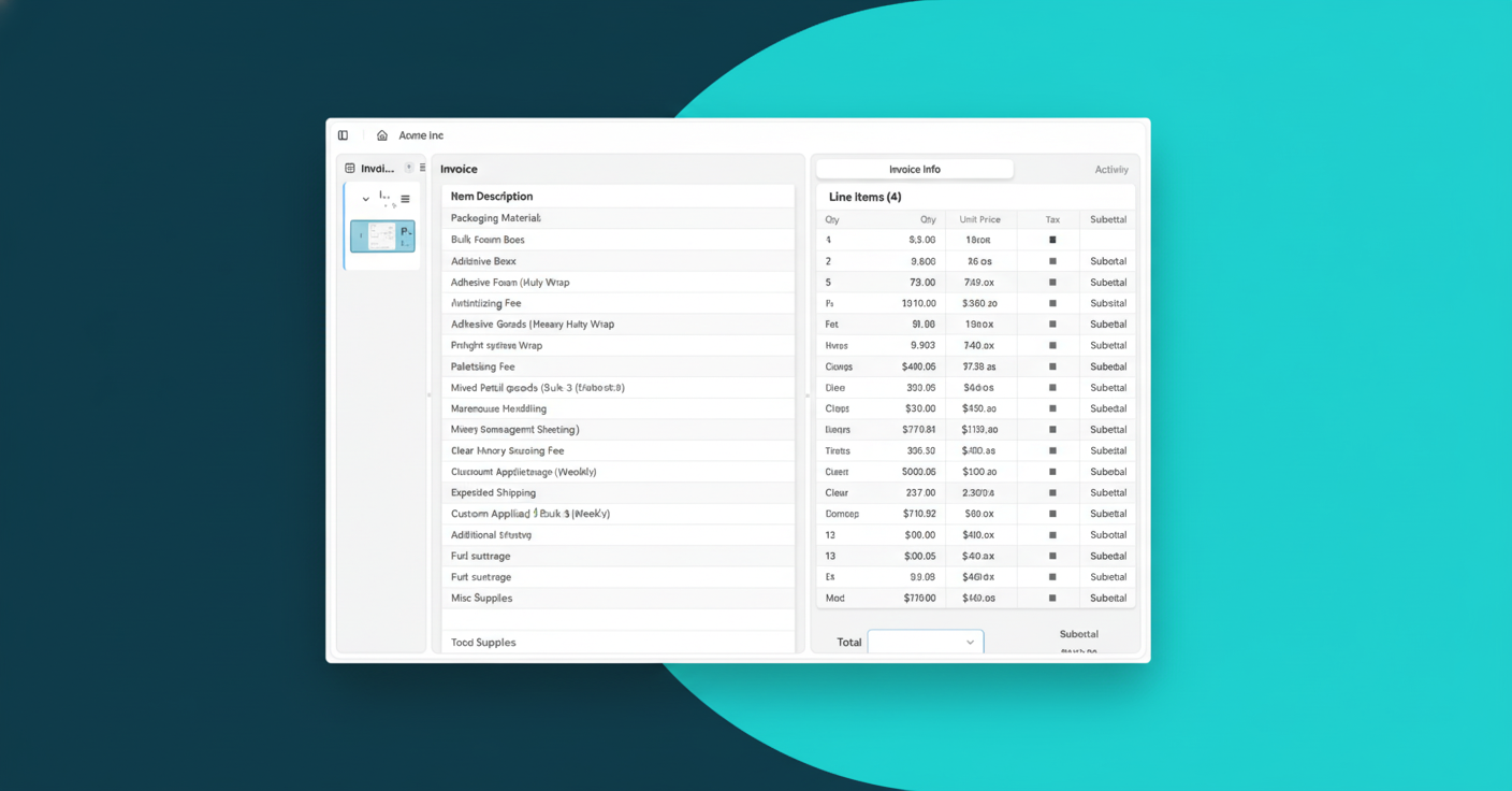 A detailed wholesale invoice document showing multiple line items with quantities, descriptions, unit prices, and totals. The invoice should display various product lines including packaging materials, freight charges, and mixed items. The layout should emphasize the complexity of line-item data with columns for item descriptions, quantities, unit prices, tax indicators, and subtotals. Professional business document style with organized rows and columns showing approximately 15-20 individual line items.