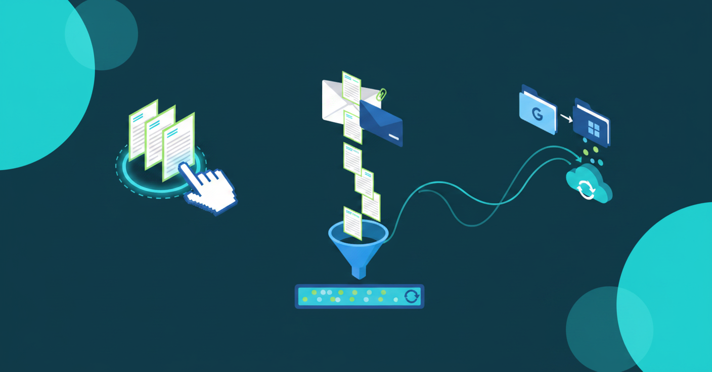 A modern, clean illustration showing three invoice ingestion workflows for accounting software. First workflow: a hand dragging and dropping invoice documents into a upload zone. Second workflow: an email envelope with invoices flowing into a dedicated inbox. Third workflow: cloud storage folders (Google Drive and SharePoint style) with invoices automatically syncing. All three paths converge into a single processing queue. Professional accounting software aesthetic with blue and green accent colors. Flat design style, isometric perspective, no text or labels.