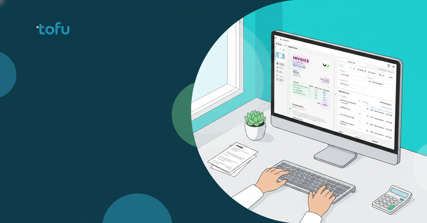 A desk workspace showing the manual invoice processing workflow for bookkeepers: a computer monitor displaying accounting software interface, physical paper invoices scattered on the desk, a calculator, and hands typing on a keyboard. The scene should convey the repetitive nature of data entry work in a modern office setting. Soft natural lighting, professional accounting firm environment, realistic style.