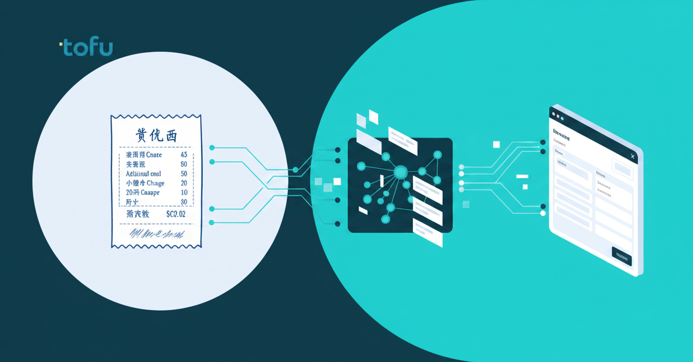 A clean workflow diagram showing document automation process: a handwritten Chinese receipt (fapiao) on the left side flowing through an AI processing system in the middle represented by neural network nodes and data extraction visualization, then connecting to accounting software interface on the right. Modern flat design style with blue and white color scheme, professional business illustration, isometric perspective, showing data fields being extracted and mapped automatically