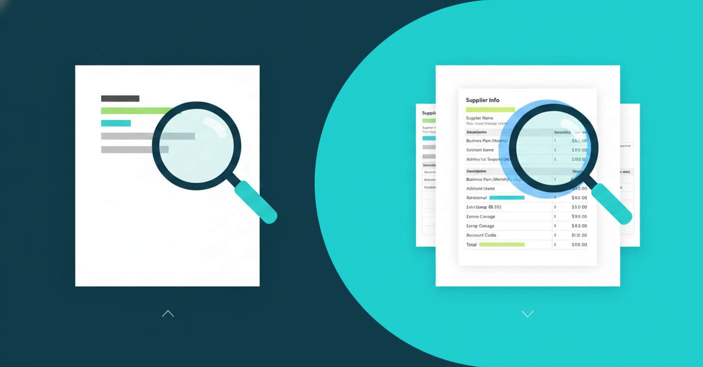 A clean, modern illustration comparing different AI accounting software features. Show a visual metaphor of document processing depth: on the left, a simple surface-level scan showing only basic invoice header information (supplier name, date, total). On the right, a detailed deep extraction showing multiple layers with line items, quantities, prices, and coding. Use a professional color palette with blues and greens. Minimalist, flat design style representing the contrast between header-only capture versus full line-item extraction. No text, words, or letters anywhere in the image.