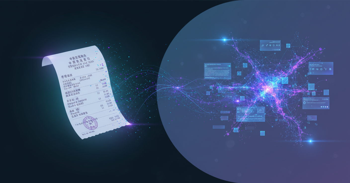 An abstract visualization showing AI processing a Chinese receipt document. Split-screen composition: on the left, a Chinese fapiao receipt with traditional characters and structured layout floating in space; on the right, glowing neural network nodes and flowing data streams analyzing and extracting structured information fields. Modern tech aesthetic with blue and purple gradient lighting, digital particles flowing from the document through the AI network. Clean, professional illustration style showing the transformation from unstructured document to organized data.