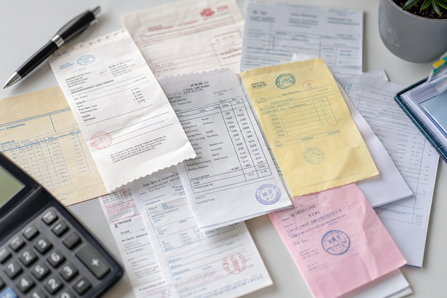 A flat lay composition of various Malaysian business receipts and invoices scattered on a clean desk surface, showing documents with mixed scripts - some in Malay language, some in English, and some in Chinese characters. The receipts should look authentic with realistic details like merchant stamps, line items, and totals. Soft overhead lighting, professional accounting office aesthetic, muted colors with pops of color from company logos. Photorealistic style, shallow depth of field.