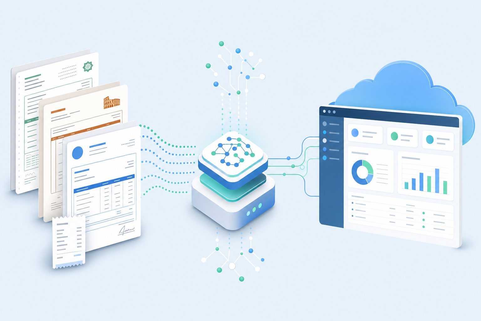 A clean, modern illustration showing an automated document processing workflow for accounting. Show a stack of multilingual invoices and receipts (with Arabic, Italian, and English-style document layouts) flowing into a processing system represented by AI nodes or circuits, then connecting to a cloud accounting platform interface. Use a professional color palette with blues, greens, and whites. Isometric or flat design style. No text or words in the image.