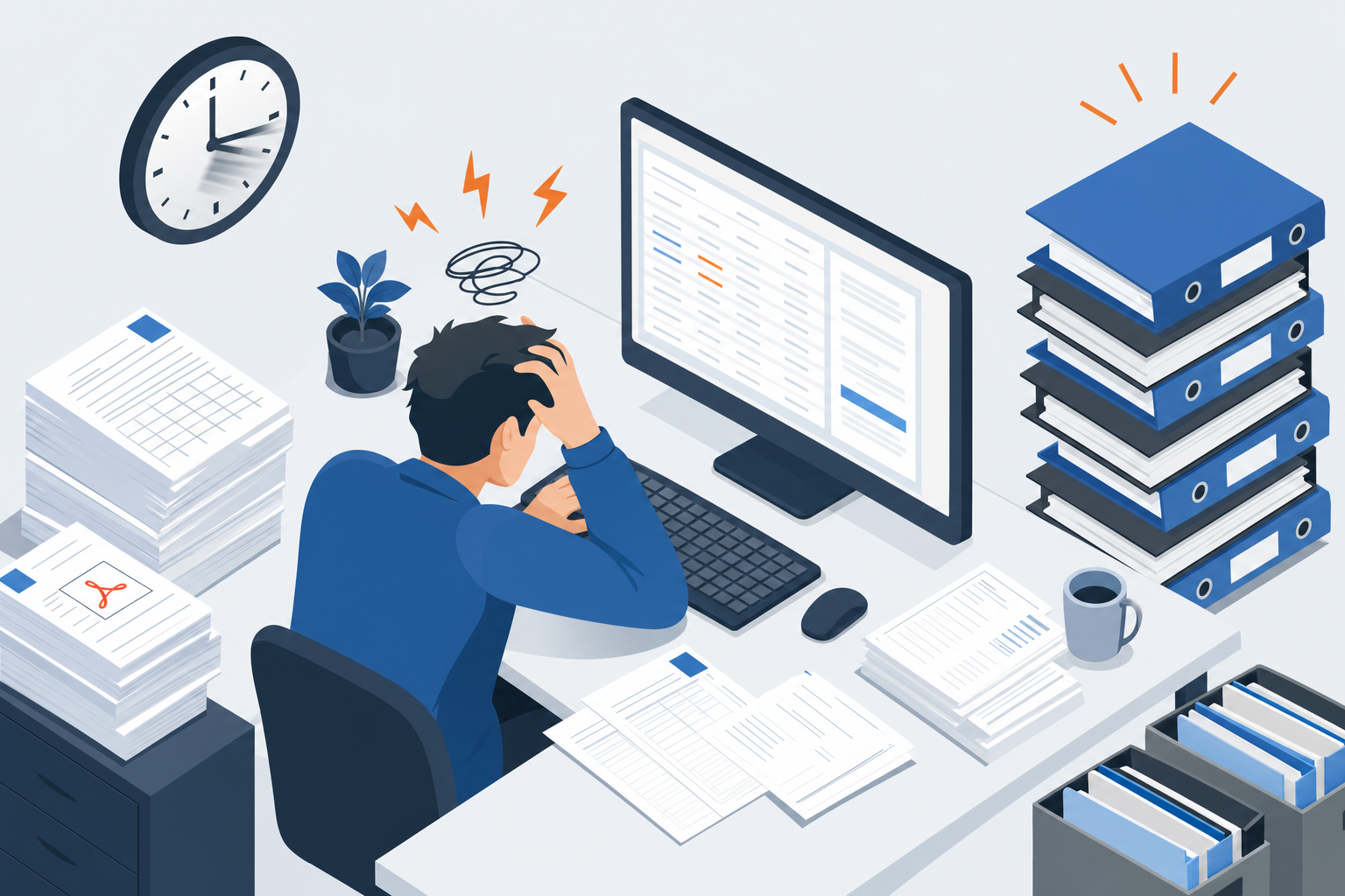 A professional illustration showing the manual bookkeeping workflow problem: a desk with stacks of PDF bank statements and invoices, a frustrated accountant at a computer screen manually typing transaction data, a clock showing time passing, and multiple client folders piled up. Use a clean, modern flat design style with blues, grays, and accent orange to show frustration. Isometric perspective. No text or words.